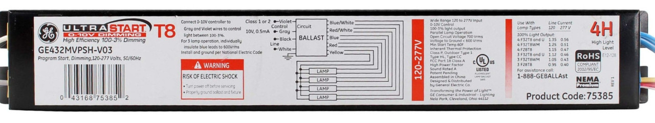 GE GE432-MVPSH-V03 Fluorescent Dimming Ballast, 4-Lamp, 32W, T8 F32T8, 120-277V