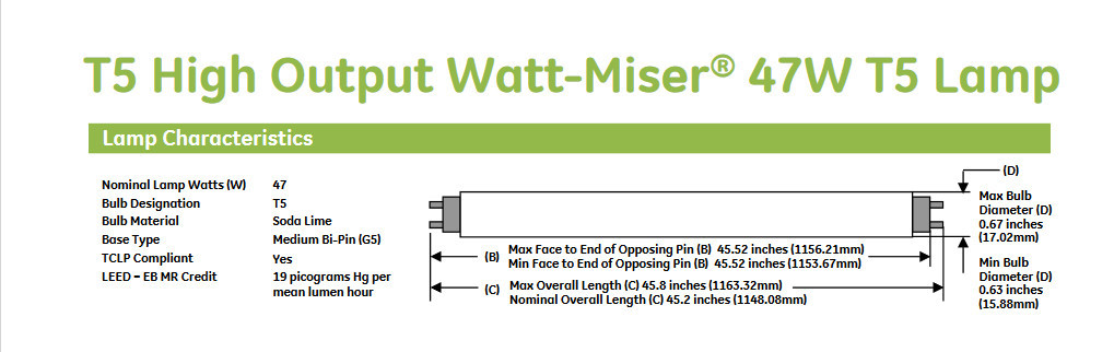 (6 tubes) GE 62021 - F54T5/47W/835/ECO Straight T5 Fluorescent Tube Light Bulb, 45.5 inch, 3500K Neutral White, 47 watts