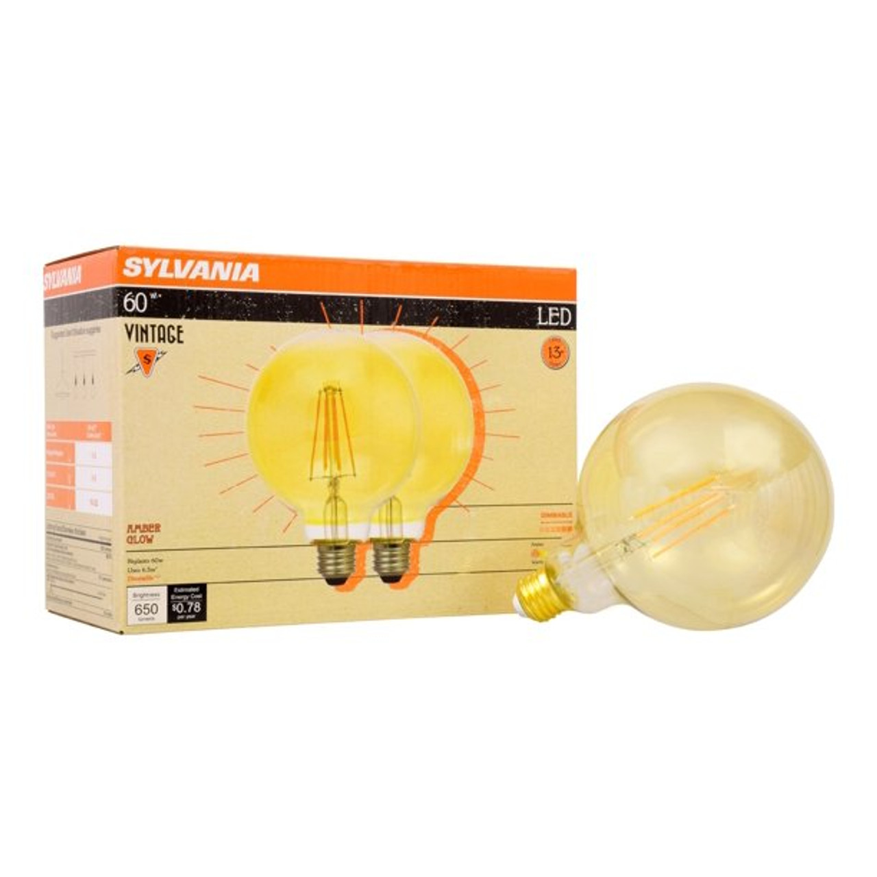 (4 bulbs) Sylvania 40069 LED Vintage G40 Globe, Amber Glow, 60 watt replacement using only 6.5 watts, 650 lumens, Dimmable