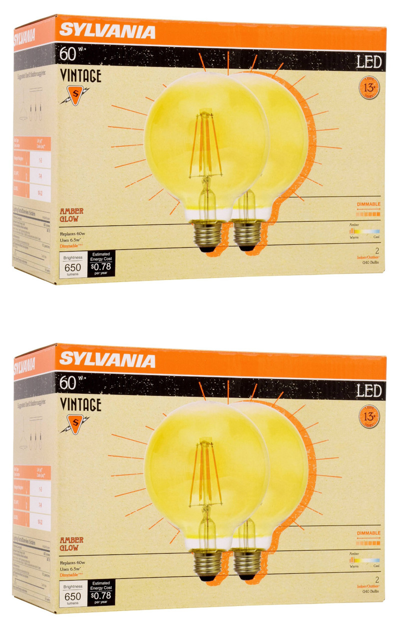 (4 bulbs) Sylvania 40069 LED Vintage G40 Globe, Amber Glow, 60 watt replacement using only 6.5 watts, 650 lumens, Dimmable