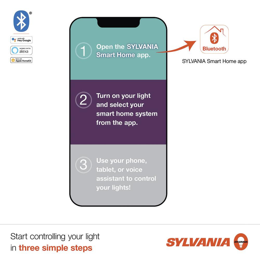 (4 bulbs) Sylvania Smart+ LED Smart Bluetooth A19 light Bulb, Seamless Setup, Works with Google, alexa, AppleHomeKit, No hub required, 2700K, LED smart bulb