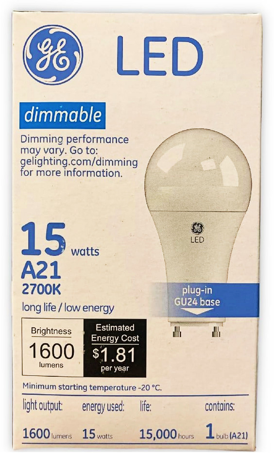 GE 46666 A21 LED Light Bulb, 15 watts, 1600 lumens, 2700K warm white, plug-in GU24 base