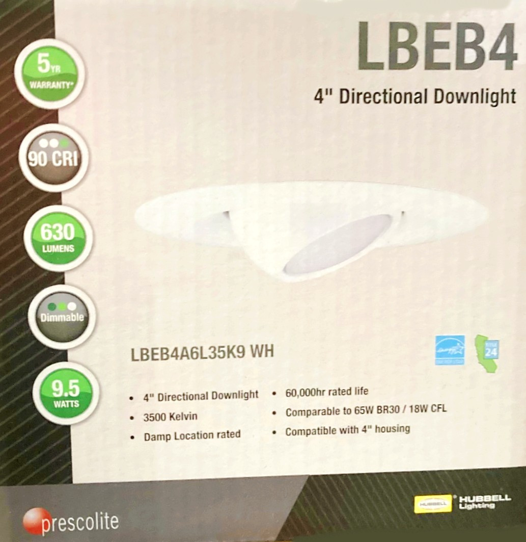 Hubbell LiteBox LBEB4A6L35K9 WH LED Downlight Retrofit Kit, Adjustable Eyeball, 4 inch round, 3500K, 630 lumens, 9.5 watt, Dimmable Directional Downlight