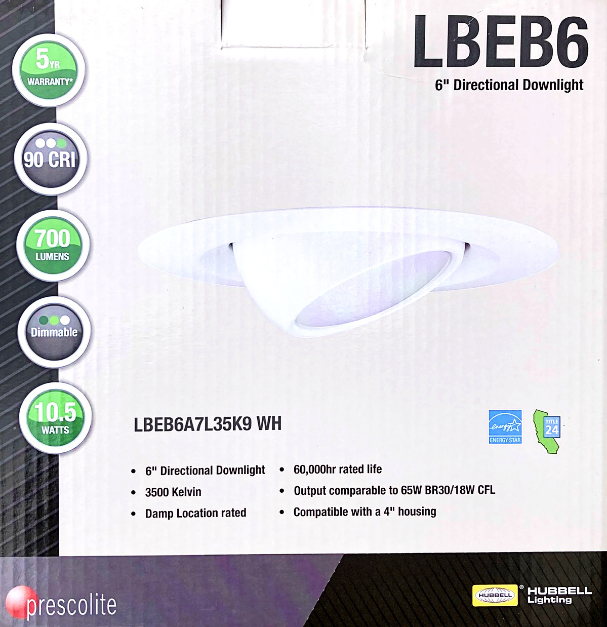 Hubbell LBEB6A7L35K9 WH PRESCOLITE LED Recessed Can Retrofit Kit with 5 6 Inch Recessed Housing, 3500K, Directional LED Downlight