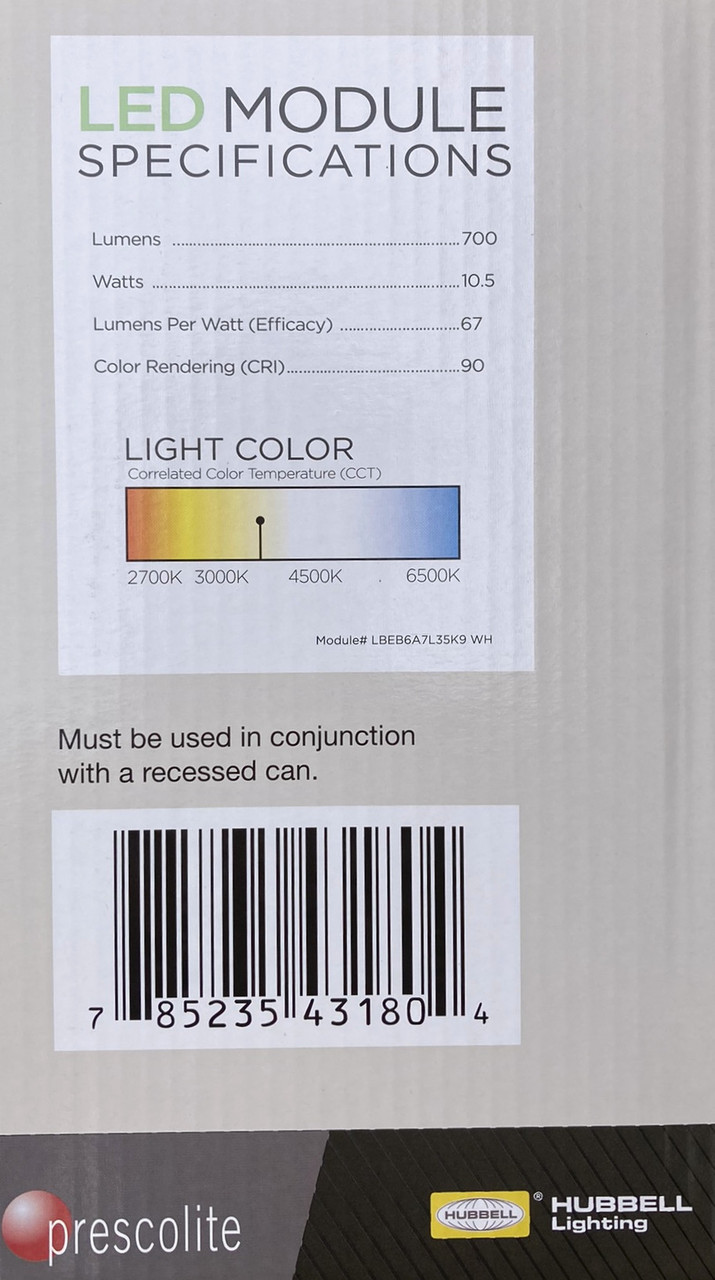 Hubbell LBEB6A7L35K9 WH PRESCOLITE LED Recessed Can Retrofit Kit with 5 6 Inch Recessed Housing, 3500K, Directional LED Downlight