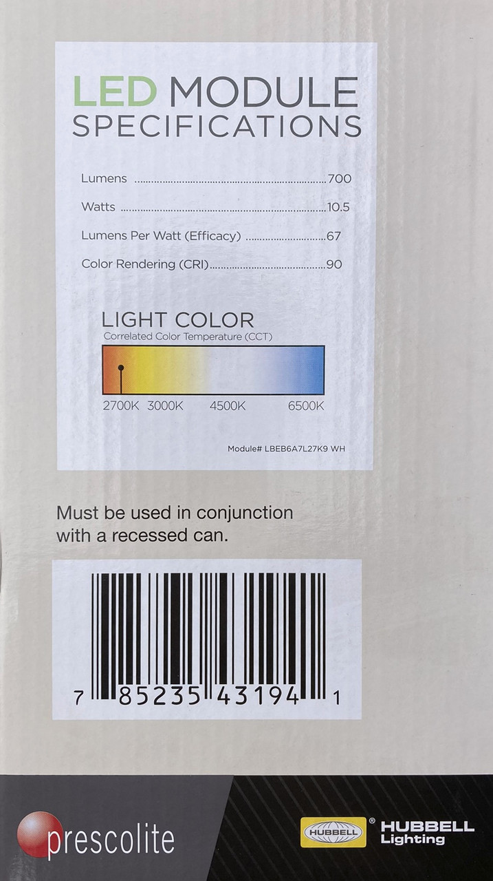 Hubbell 67279 - LBEB6A7L27K9 WH PRESCOLITE LED Recessed Can Retrofit Kit with 5 6 Inch Recessed Housing