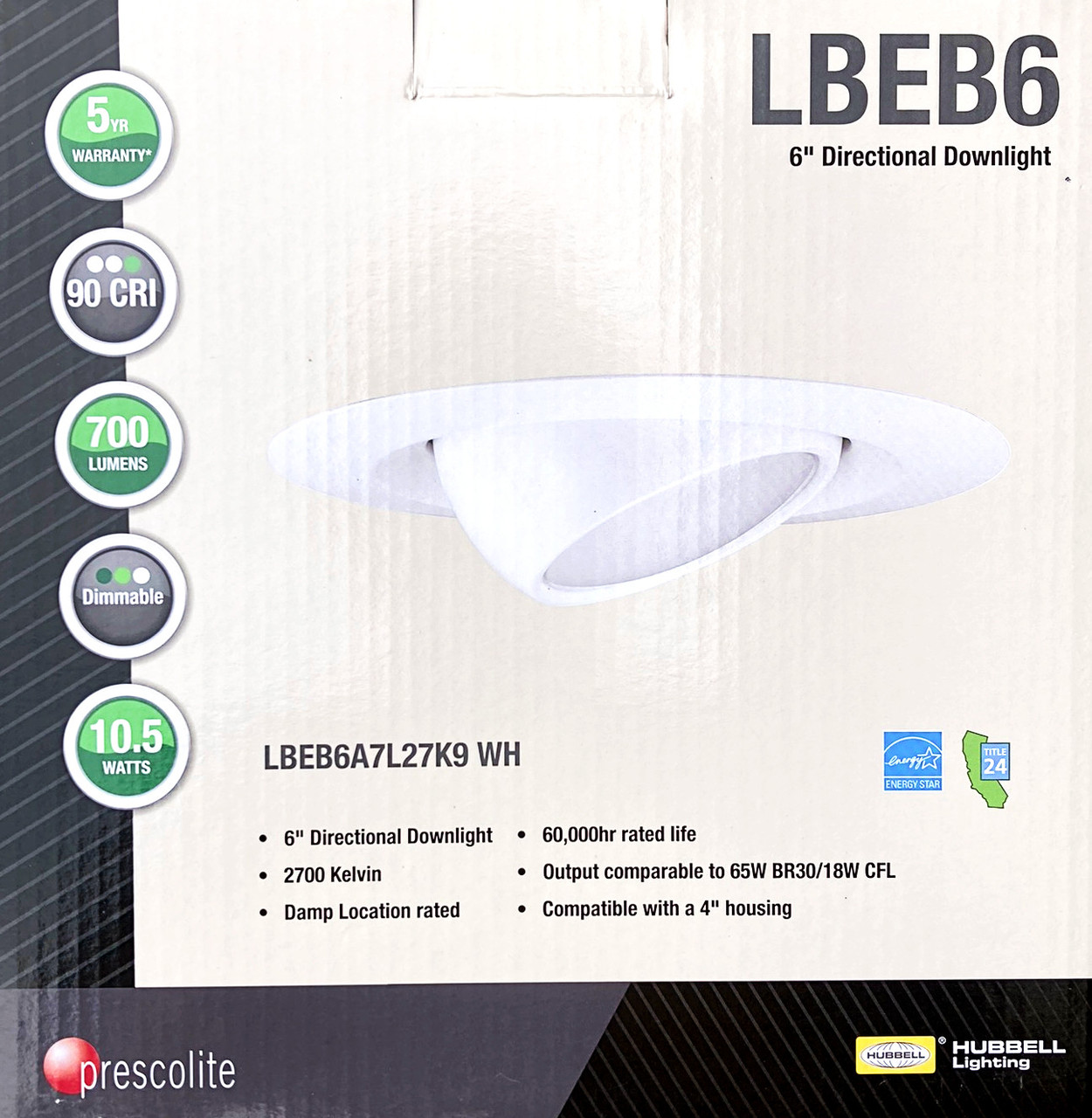 Hubbell 67279 - LBEB6A7L27K9 WH PRESCOLITE LED Recessed Can Retrofit Kit with 5 6 Inch Recessed Housing