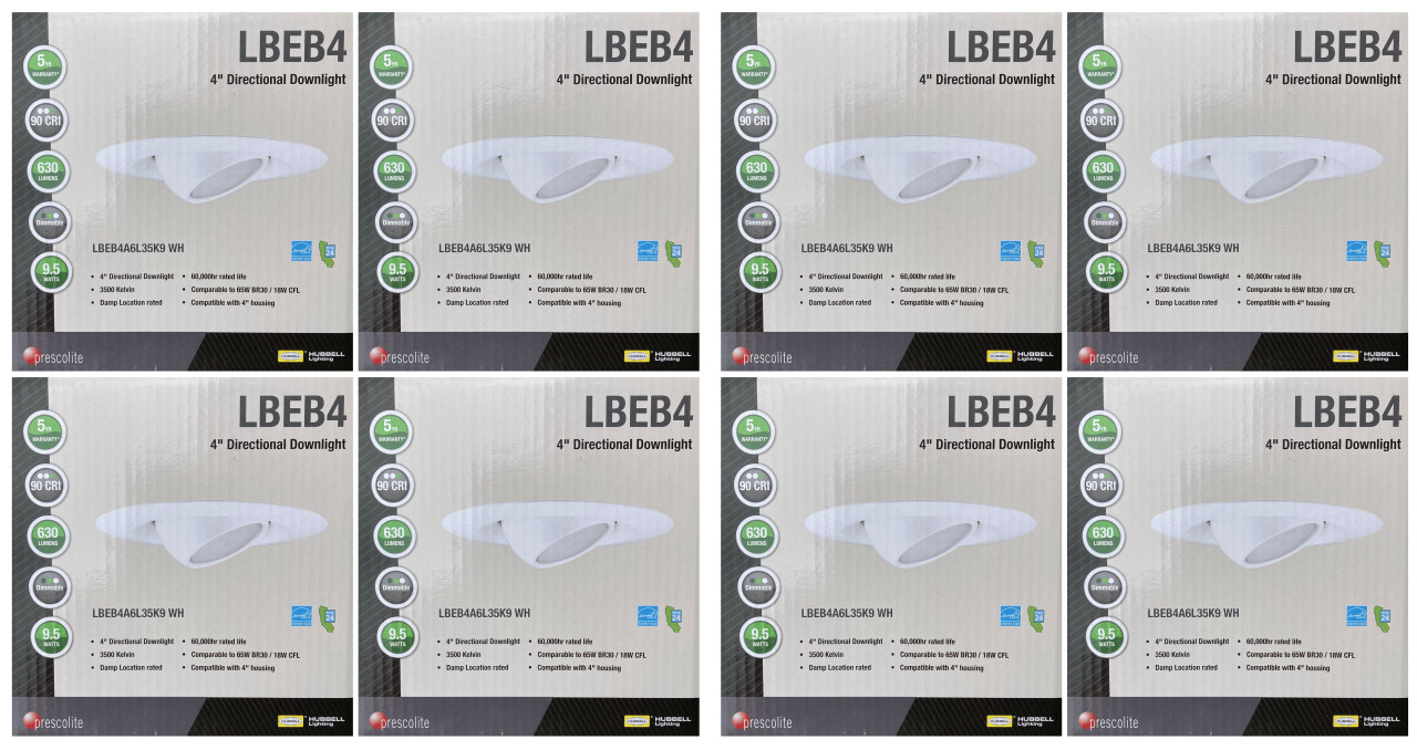 (case of 8) Hubbell LiteBox LBEB4A6L35K9 WH LED Downlight Retrofit Kit, Adjustable Eyeball, 4 inch round, 3500K, 630 lumens, 9.5 watt, Dimmable Directional Downlight