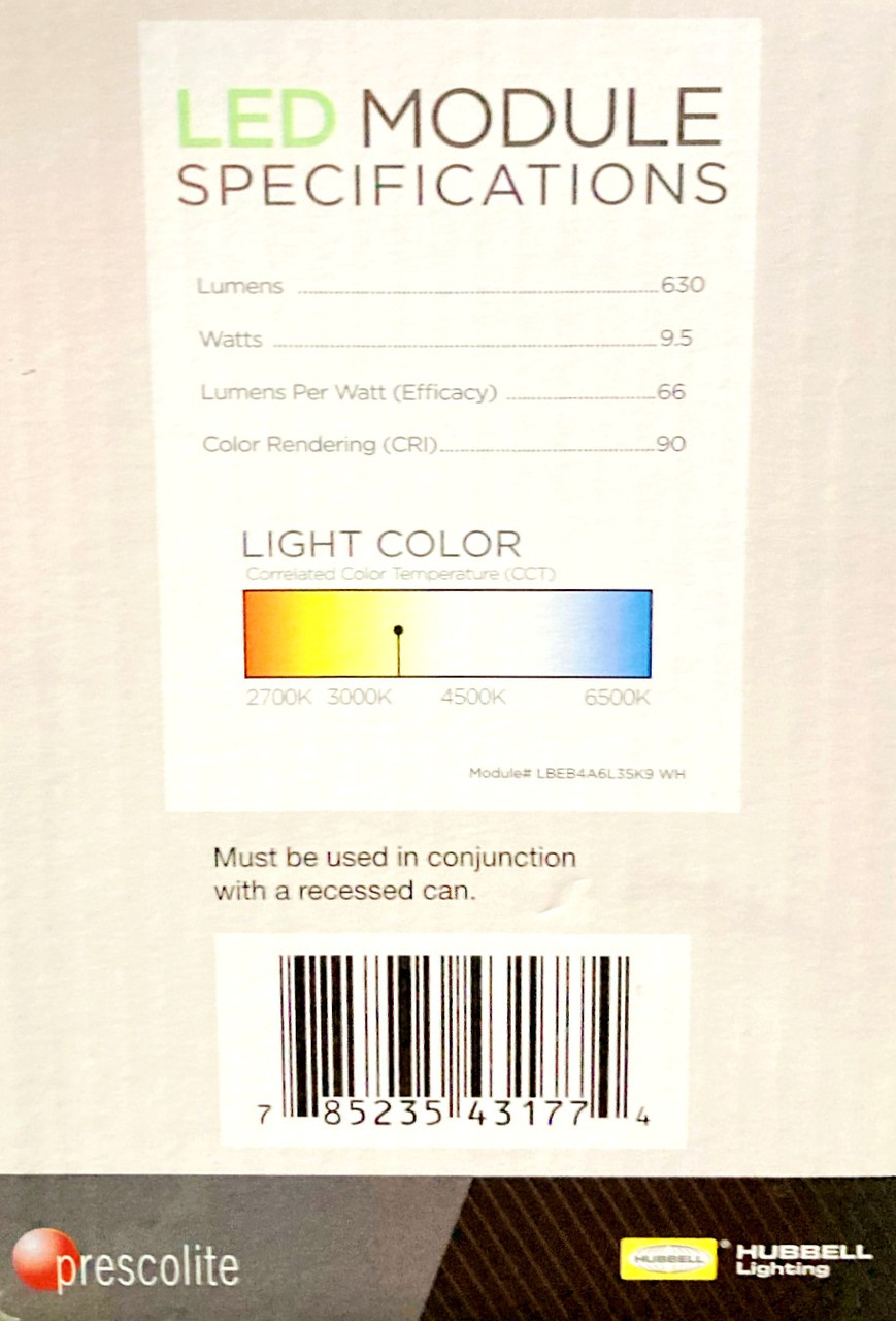 (case of 8) Hubbell LiteBox LBEB4A6L35K9 WH LED Downlight Retrofit Kit, Adjustable Eyeball, 4 inch round, 3500K, 630 lumens, 9.5 watt, Dimmable Directional Downlight