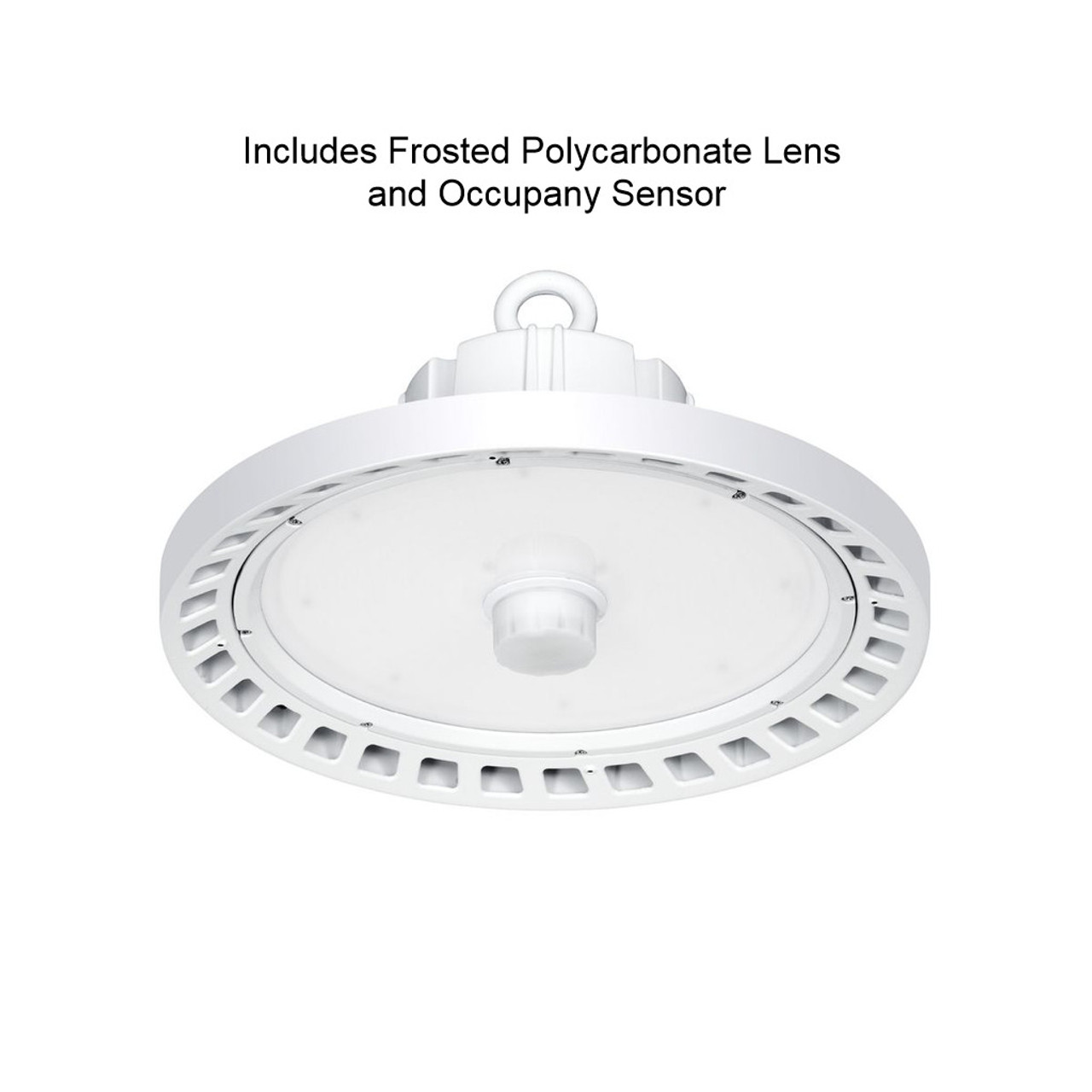 Hubbell Industrial Lighting Round UFO LED High Bay CRN-40LX-EDU-FP-OCS, 100 watt, 14000 lumen, 4000K, 120-277V, 6’ Power Cord, Frosted Polycarbonate lens, Microwave Occupancy Sensor, Dimming