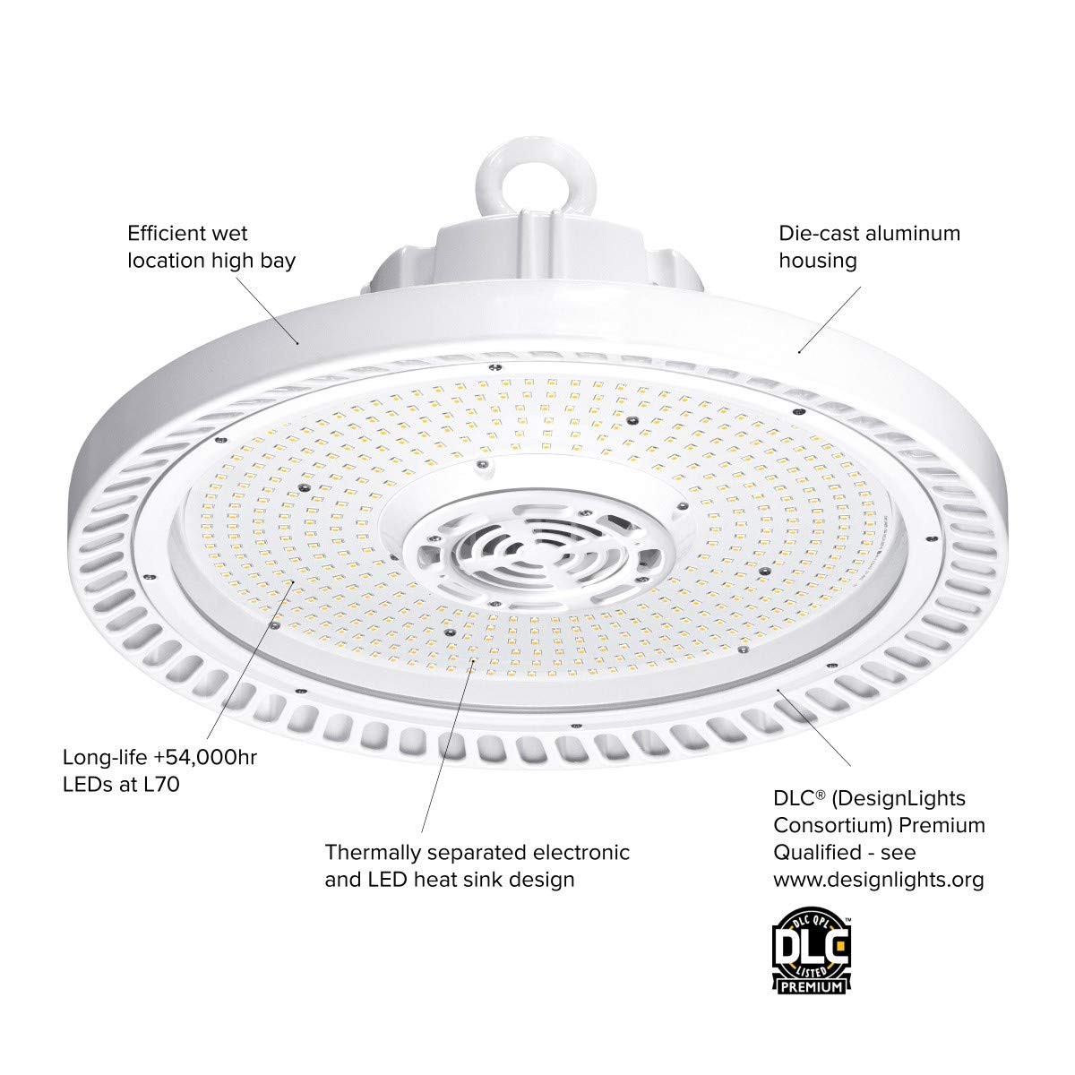 Hubbell Industrial Lighting Round UFO LED High Bay CRN-50MV-EDU-FP-OCS, 100 watts, 11000 lumens, 5000K, 120-277V, 6’ Power Cord, Frosted Polycarbonate lens, Microwave Occupancy Sensor, Dimming