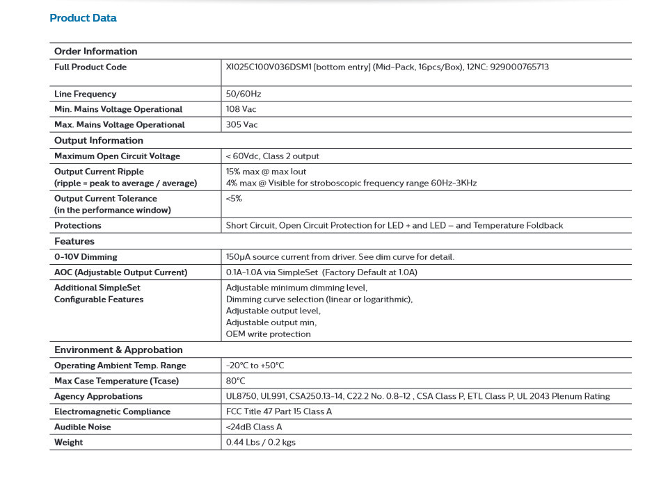 Philips Advance Xitanium XI025C100V036DSM1 LED Electronic Driver, 25 watt, 0-10v Dimming, SimpleSet Programmable, Bottom Entry