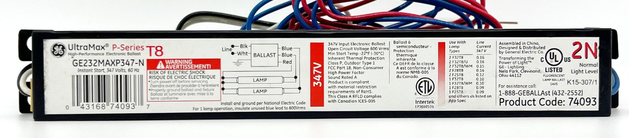 GE Lighting 74093 GE232MAX347-N 347-Volt UltraMax Electronic Fluorescent T8 Multi-Volt Instant Start Ballast 2 or 1 F32T8 Lamps