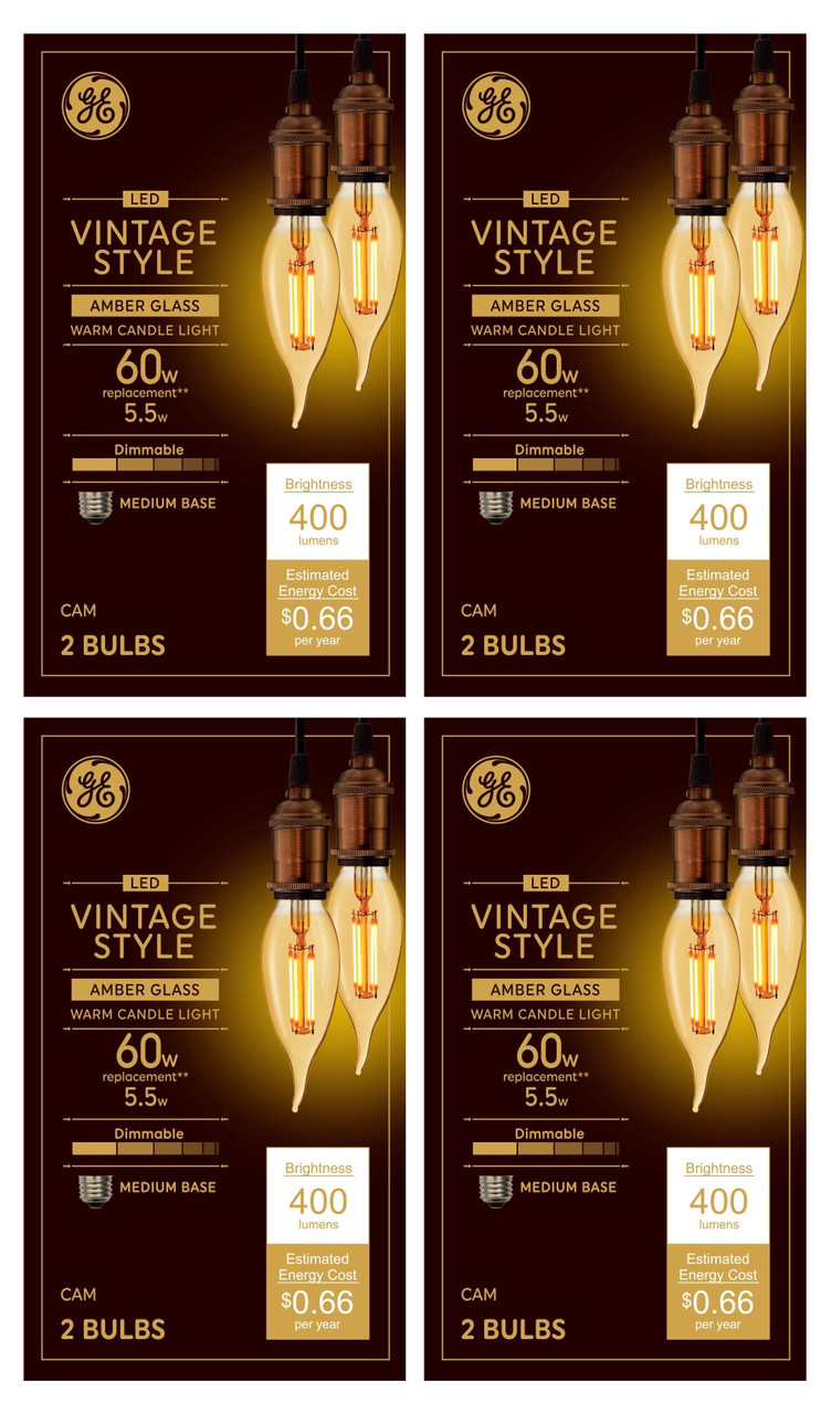 (case of 8 bulbs) GE Lighting Vintage Style LED Decorative Light Bulbs, 5.5 Watts (60 Watt Equivalent) Warm Candle Light, Amber Glass, Medium Base, Dimmable  