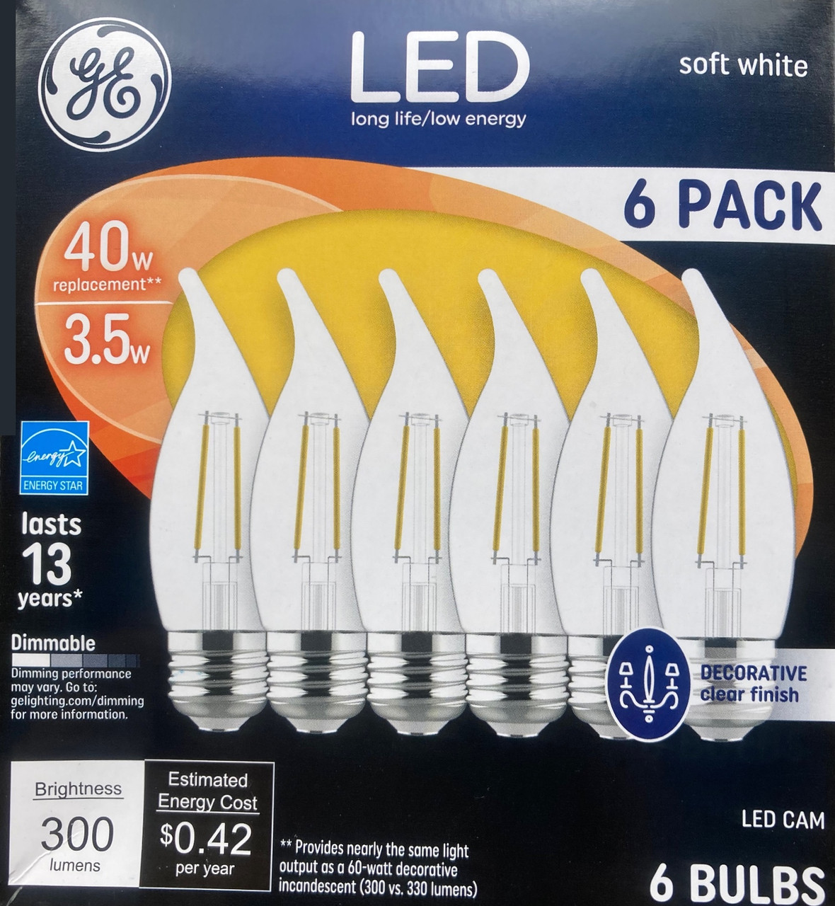 (pack of 6) GE 93107093 Candelabra LED Bulbs,  3.5 watts (40 watt replacement), medium base, dimmable, clear decorative LED light bulbs