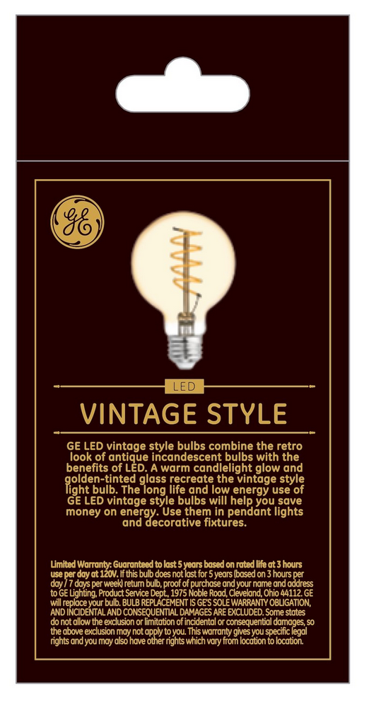 GE 36731 Vintage Style LED Light Bulb, G25 Globe, Amber finish, Meandering Spiral filament, medium base, Dimmable