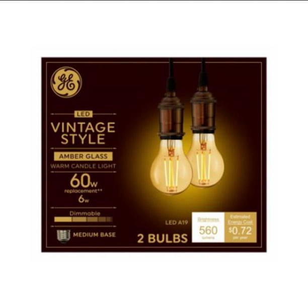 (2 bulbs) GE 48556 Vintage Style, Amber Glass A19 LED Light Bulb, 60 watt equivalent, 560 lumens, medium base, Dimmable