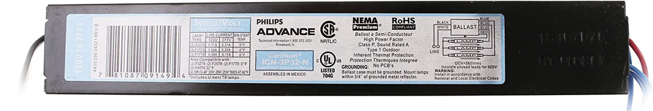 Philips Advance ICN-3P32-N Electronic Ballast, T8 Lamps, 120/277V Lighting, 3 lamp ballast