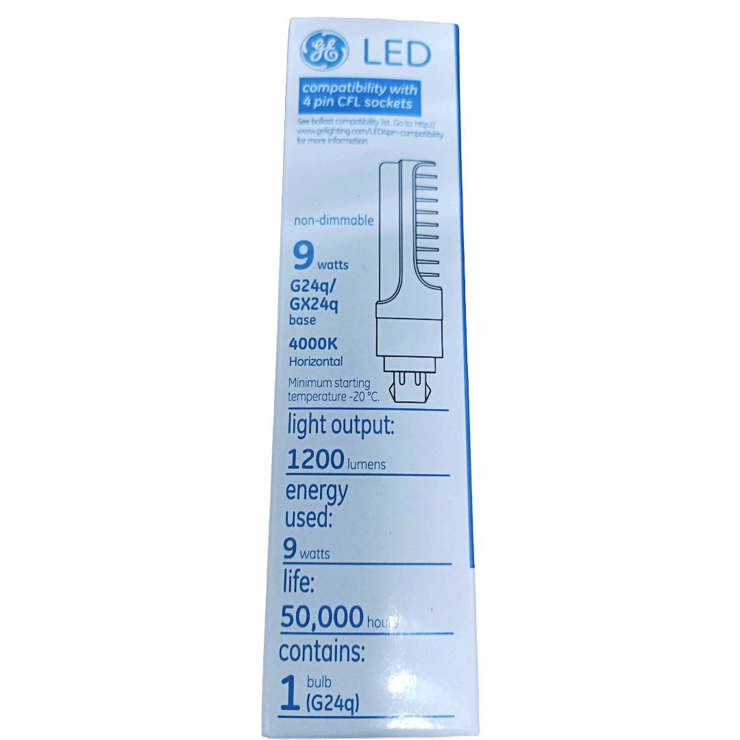 GE 33999 LED 4 Pin Plug-in replacement for CFL 4 pin G24q/GX24, LED upgrade, 8 watt, 1200 lumens, 4000K Color Temp