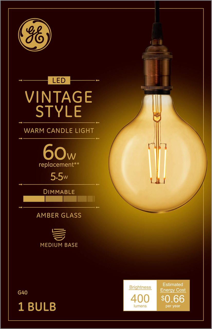 GE Lighting 42184 Vintage LED G40 Light Bulb, Dimmable, 5.5 watts (60-Watt Replacement), 400 lumens,  Medium Base, 1-Pack, Amber Glass
