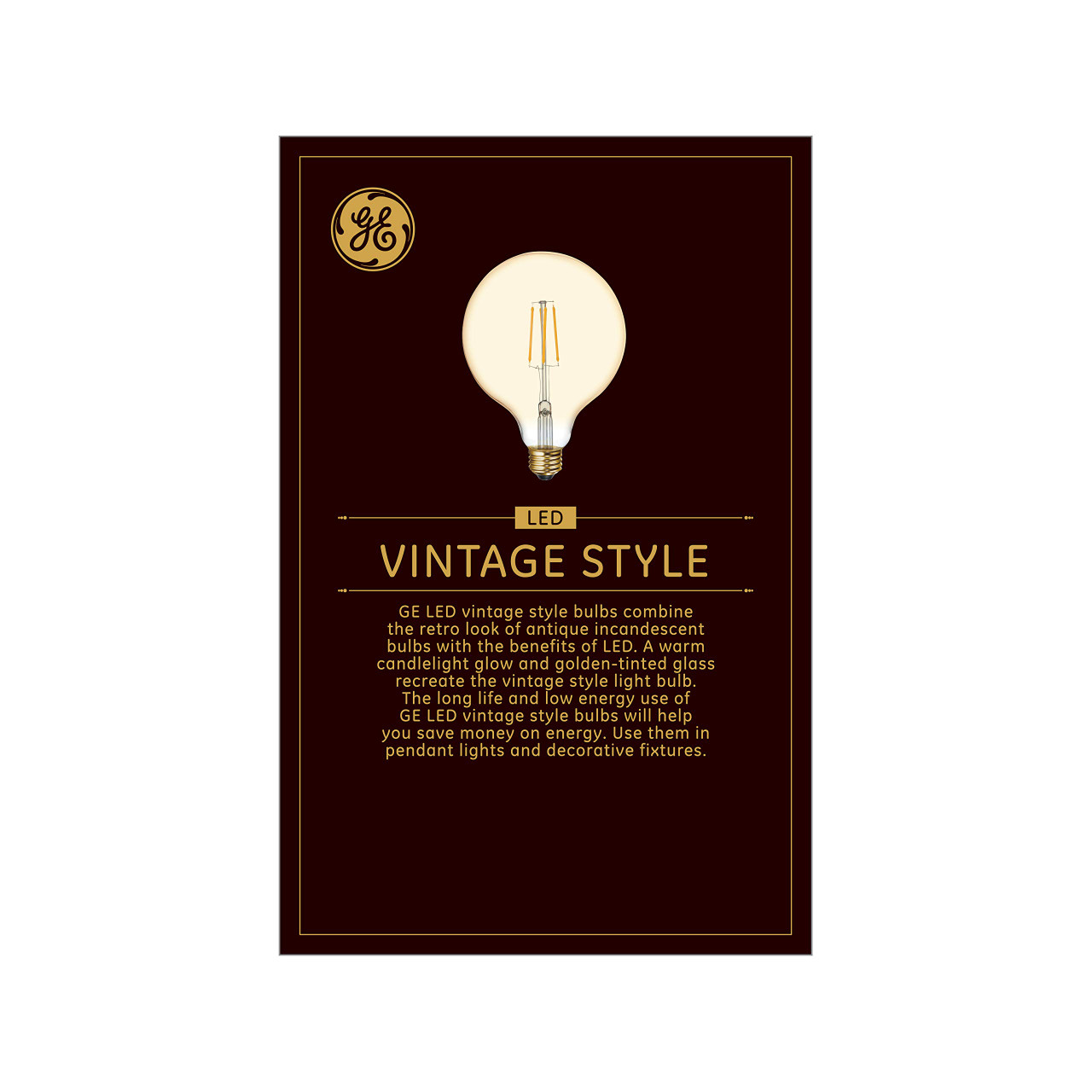 GE Lighting 42184 Vintage LED G40 Light Bulb, Dimmable, 5.5 watts (60-Watt Replacement), 400 lumens,  Medium Base, 1-Pack, Amber Glass