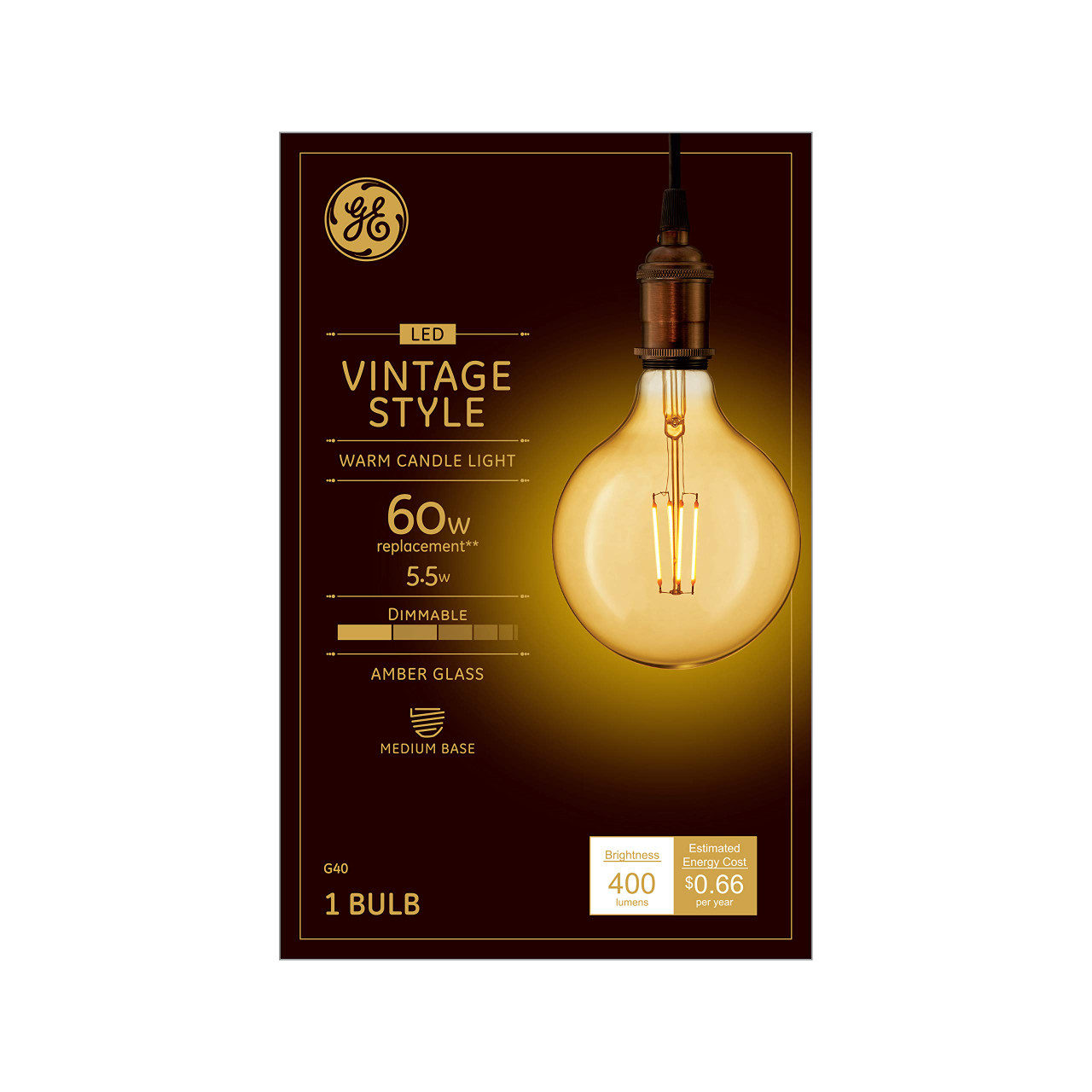 (2 bulbs) GE Lighting 42184 Clear Finish Light Bulb Dimmable LED Vintage Style G40 5.5 (60-Watt Replacement), 400-Lumen Medium Base, Amber Glass