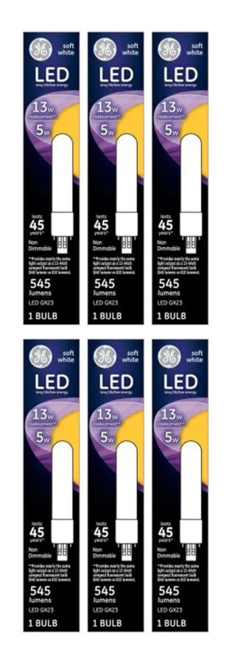 (6 bulbs) GE Lighting 93095834 LED GX23 Compact Fluorescent Retrofit Bulb, Soft White, 545 Lumens, 5 Watts 