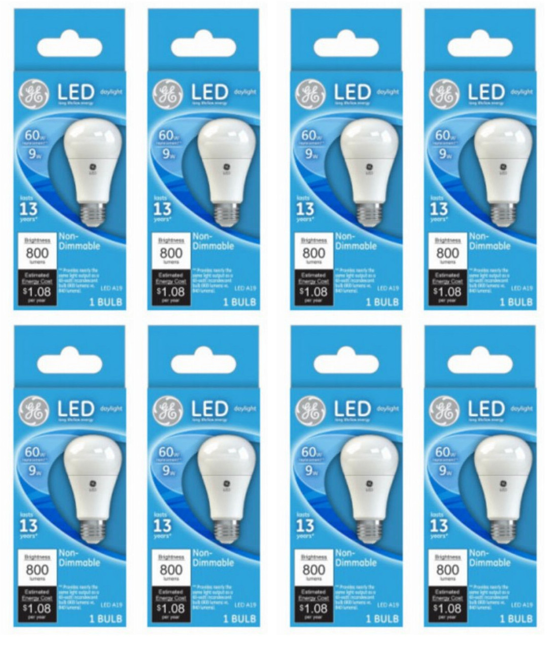 (case of 8) GE Lighting 61966 LED A19 Bulb, 9 watts, 800 lumens, 5000K Daylight, LED Light Bulb  