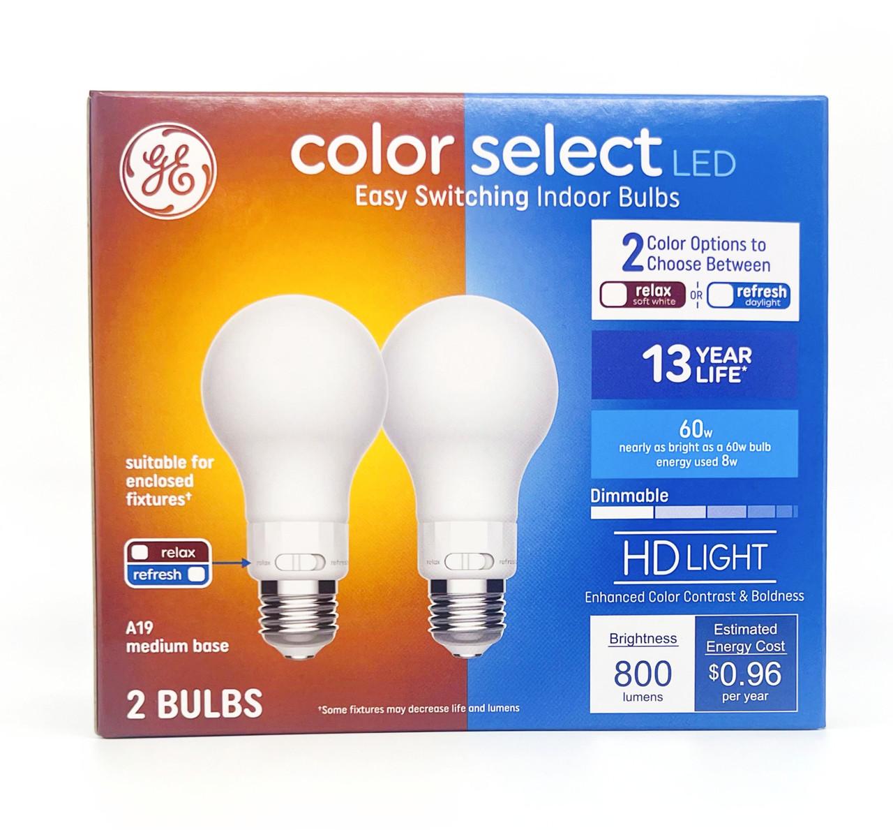 GE color select LED Easy Switching Indoor LED Light Bulbs, A19, relax or refresh, 2 color options on each bulb, HD Light, Dimmable, 800 Lumens, 60 watt replacment unique colorselect LED Light Bulb