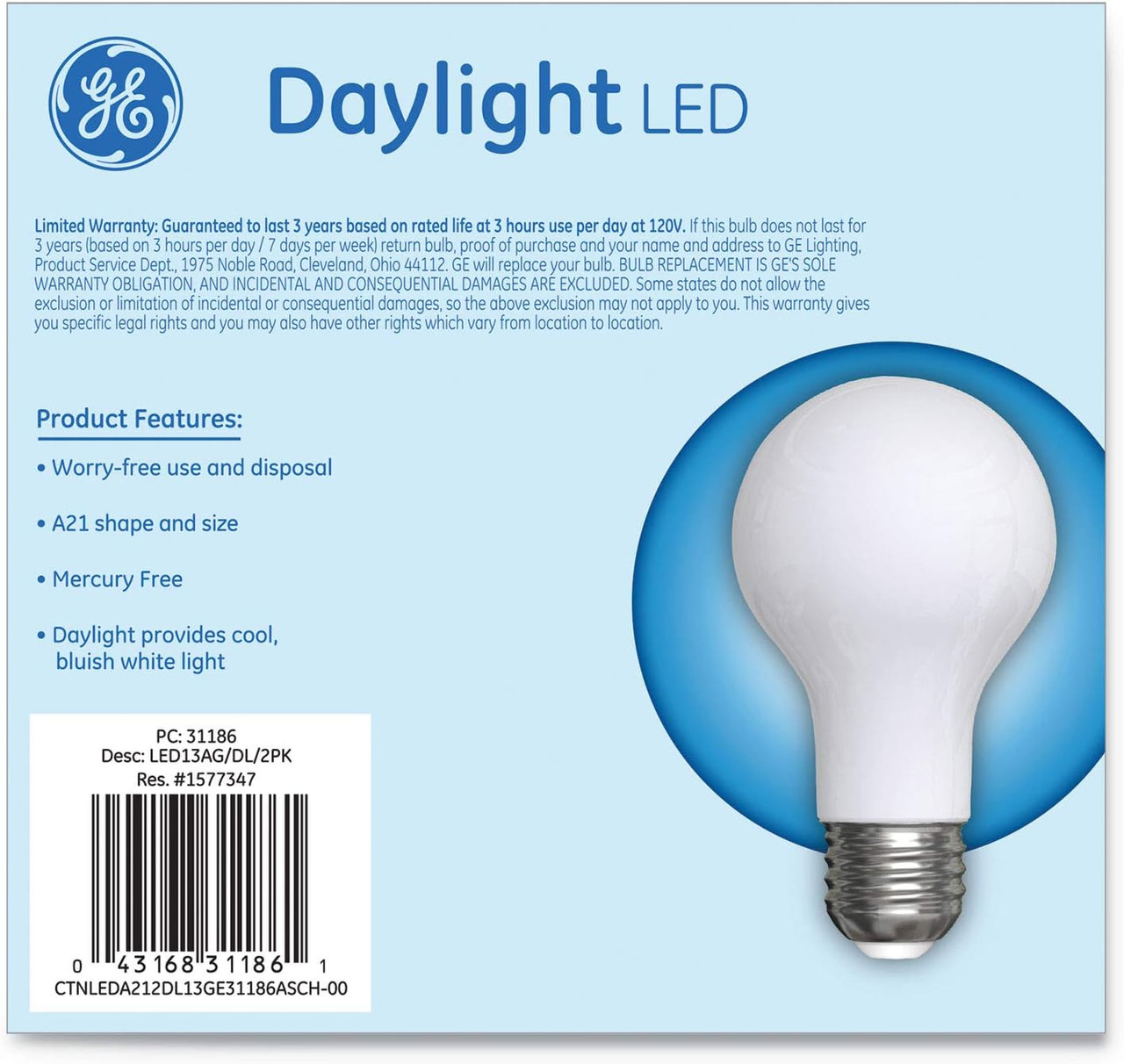(2 bulbs) GE 31186 LED A2, 5000K Daylight, 13 watts, 100 watt equivalent, non-dimmable
