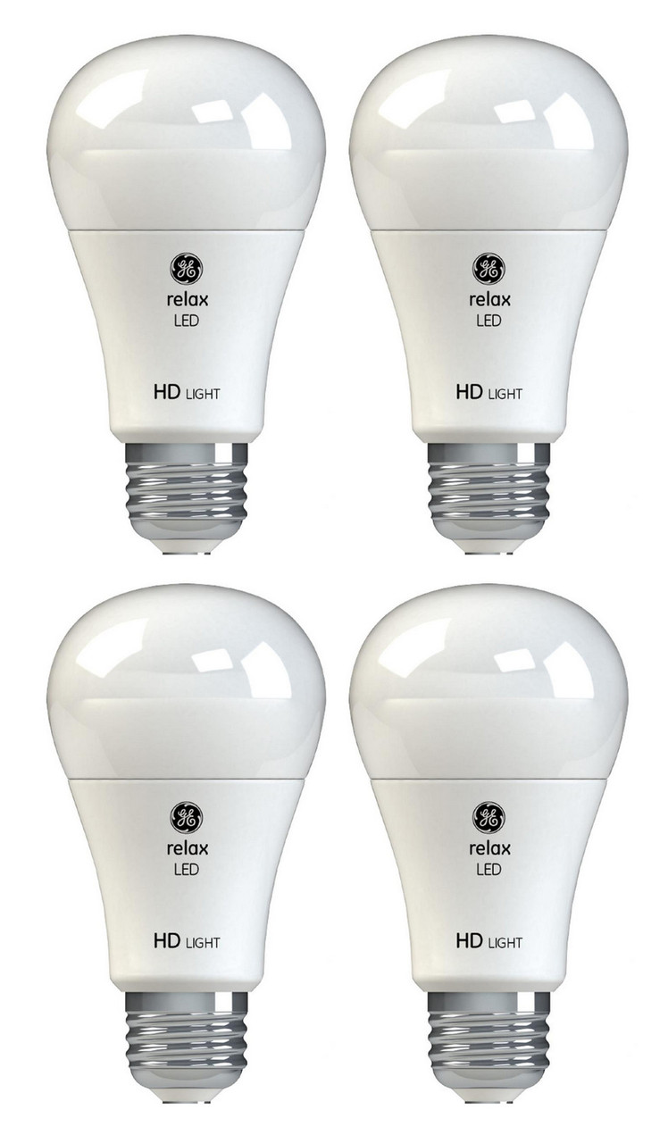 (case of 4) GE relax LED A19 , 75 watt equivalent uses only 13 watts, 1100 lumens, High Definition Light, Comfortable soft white light, medium base, Dimmable LED Light bub