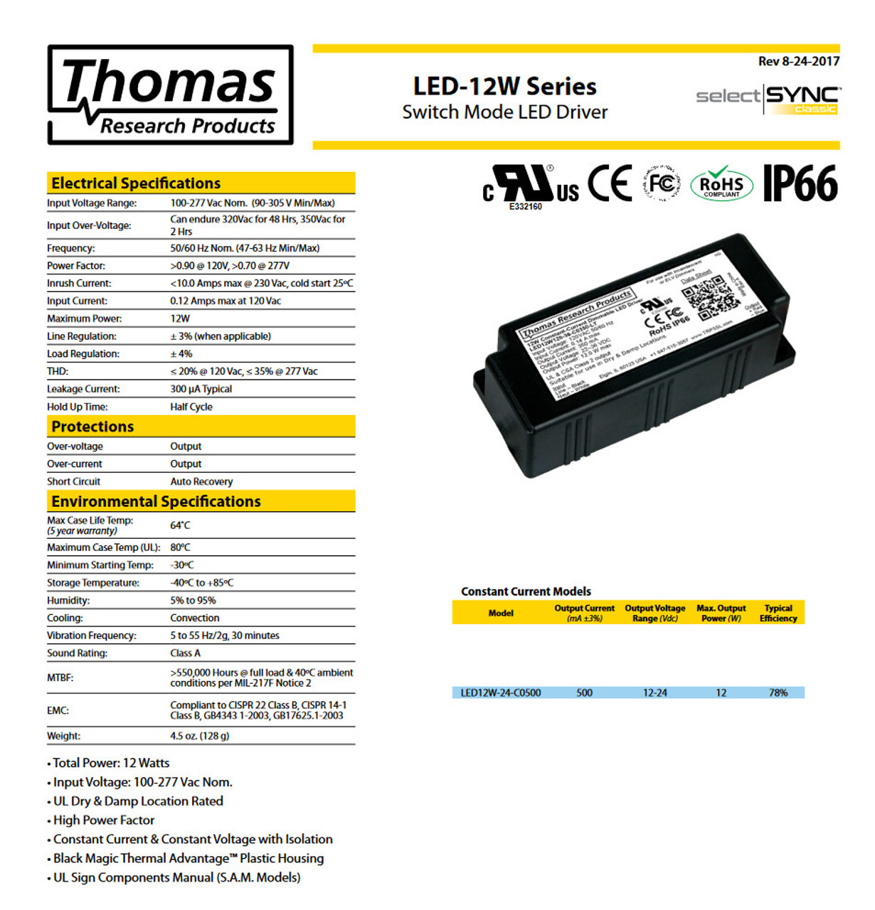 Hubbell Thomas Research Products  Switch Mode LED Driver LED12W-24-C0500 Constant Current 12 watt series
