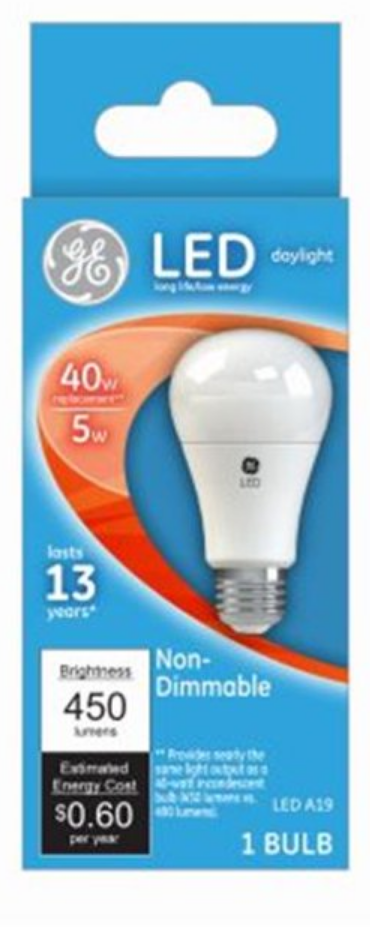 GE Lighting 61961 LED A19, 40 watt equivalent using only 5 watts, Daylight, Medium Base, Frosted LED Light Bulb, 450 lumens