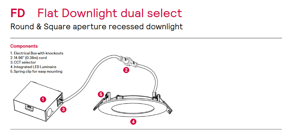 Philips Lightolier LED flat downlight dual select, 5 inch round FD5RSLMZ10SCTUW, field selectable lumens, 0-10v Dimming, 5 CCT field selectable CCT, White LED Downlight