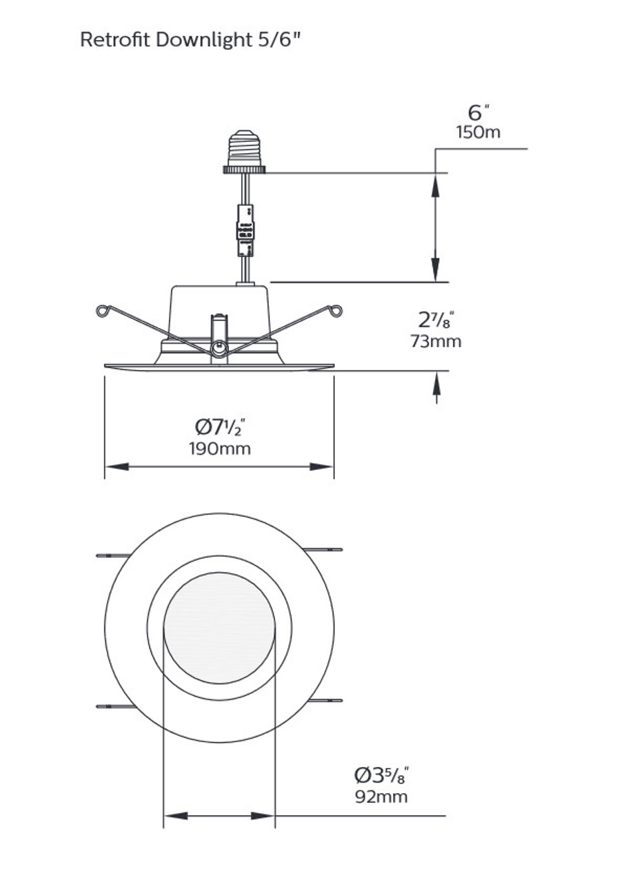 (case of 6) Philips Pila LED Retrofit Downlight, 6 inch Round, 650 lumens, 3000K Color Temp, 120V, Dimmable, White Trim, LED Donwlight Luminaire PILARETR56R30K, with medium socket retrofit adapter