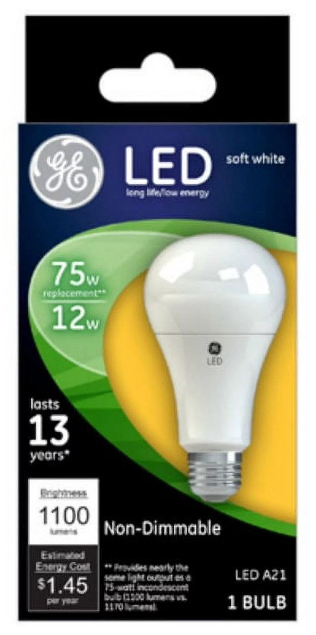 GE 65721 LED A21, 12 watt (75 watt equivalent) soft white A21, non-dimmable, LED light bulb