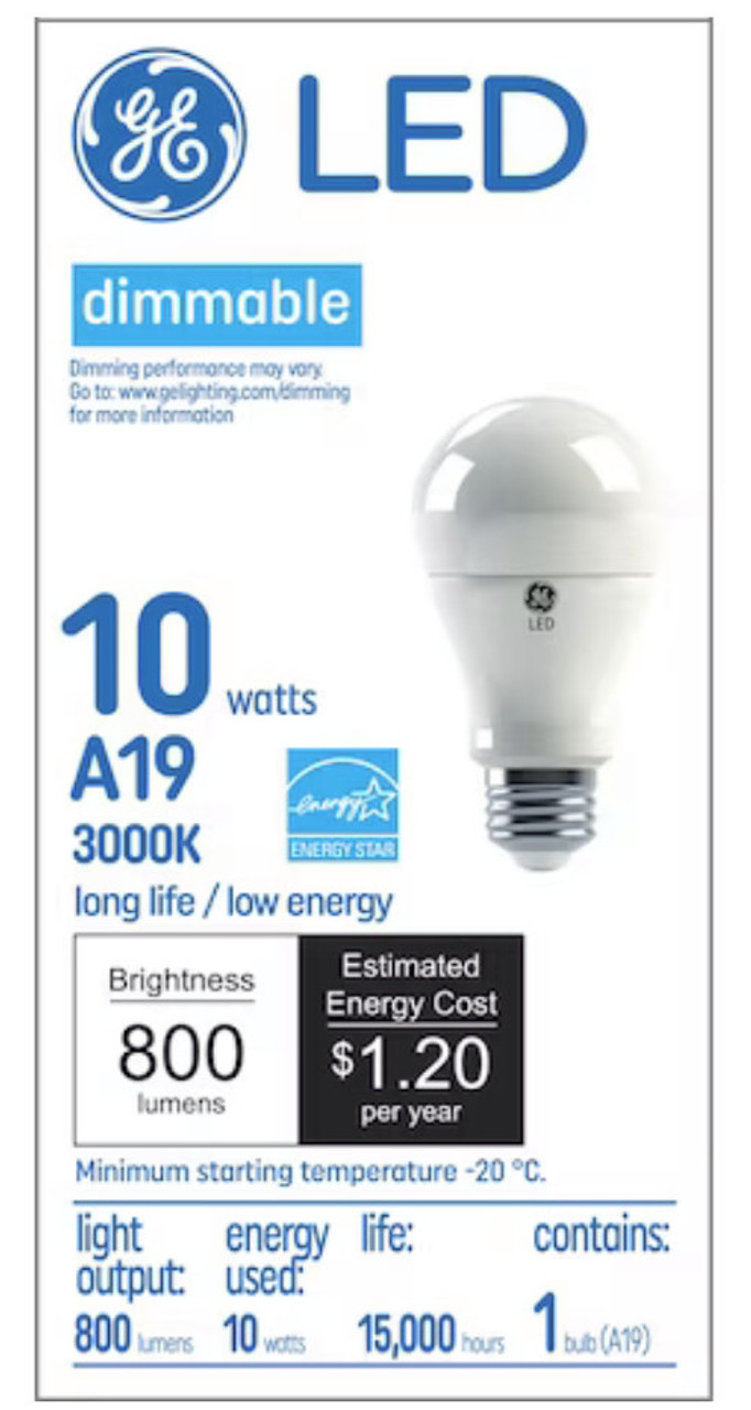 GE Lighting 69119 LED A19, 10 watt, warm white, medium base, dimmable LED Light Bulb, long life, low energy, high lumens  