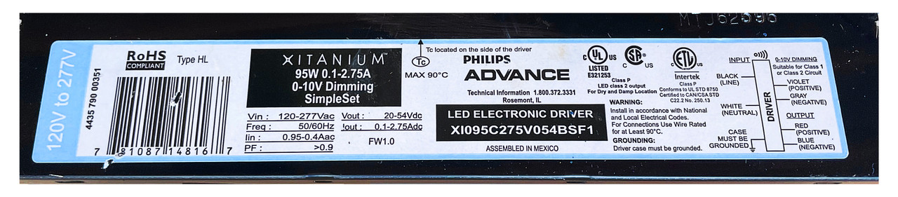 Philips Advance XI095C275V054BSF1M outdoor LED Electronic Driver, 95 watt,  0.1-2.75A, 0-10V Dimming, 120-277V