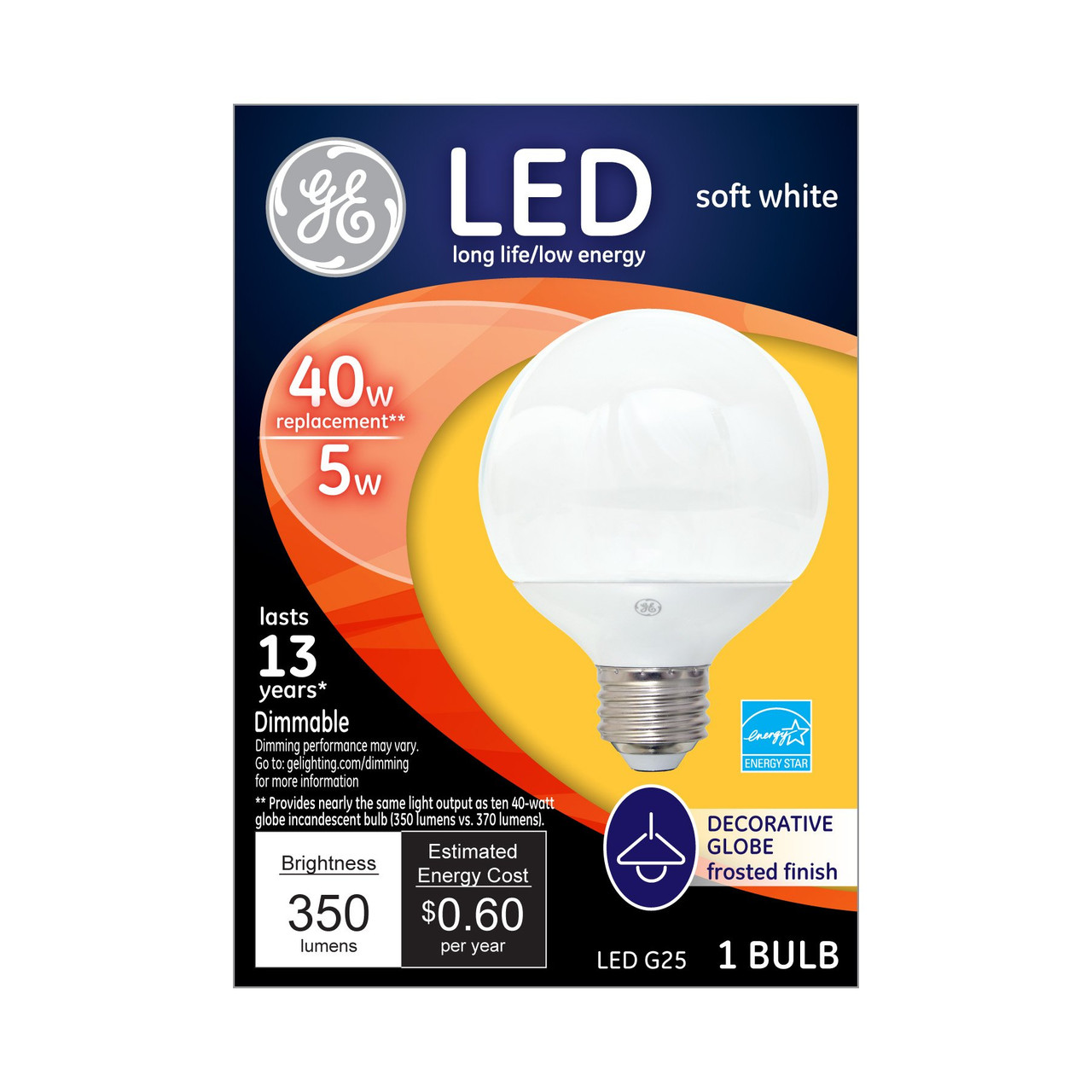 GE Lighting 37906 LED G25 Decorative Bulb with Candelabra Base, 5-Watt, Soft White, Dimmable, 350 lumens, 1-Pack