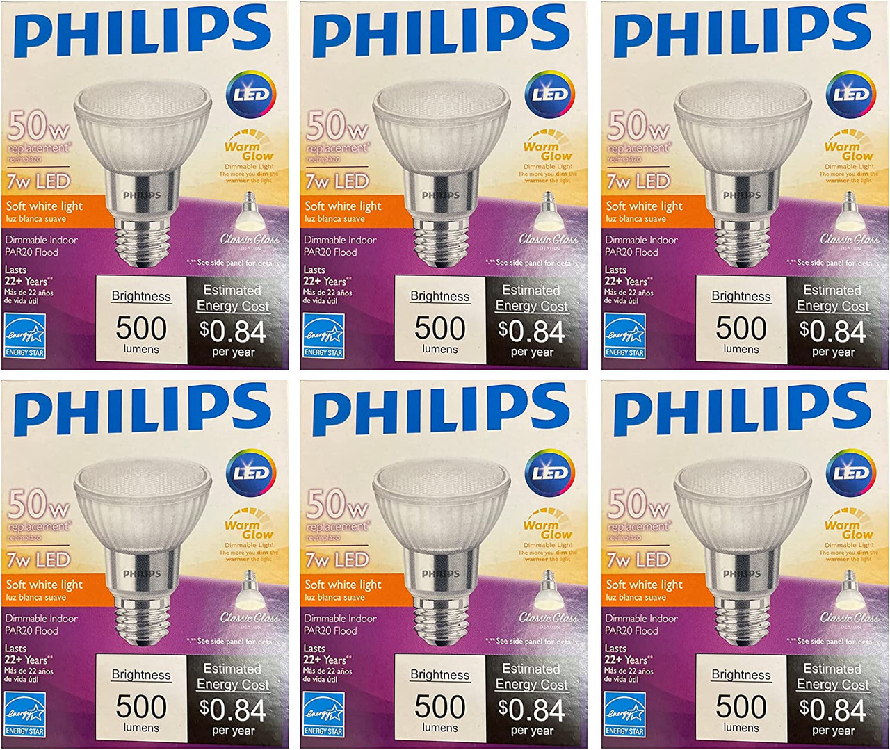 (6 lamps) Philips LED Classic Glass Dimmable PAR20 40 Degree Flood Light Bulb with Warm Glow Effect , 500 Lumen, 2200-2700 Kelvin, 7 watt (50-Watt Equivalent), E26 Base, Soft White 
