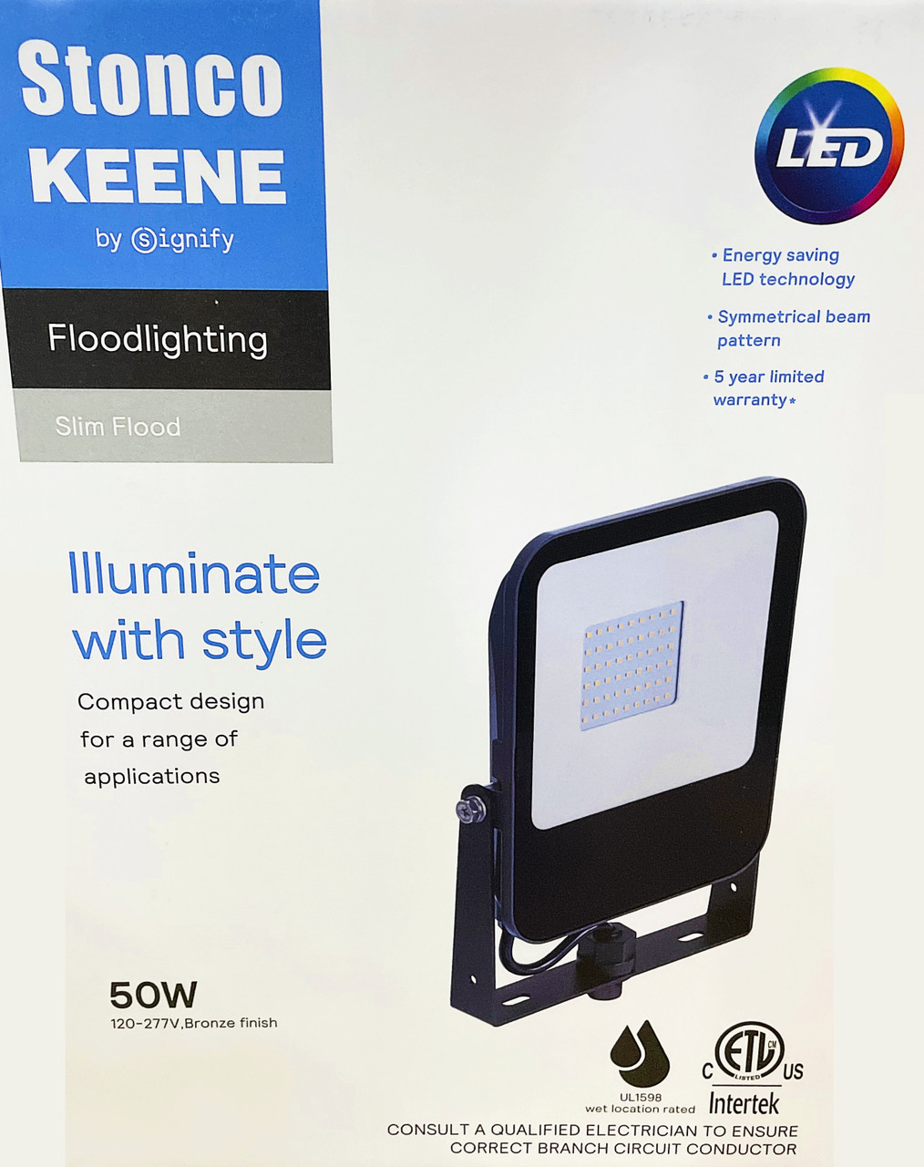Philips Stonco LED Slim Outdoor Floodlight Area Light, 48 watt, 5000K, Knuckle and Yoke Mount, Bronze, 5472 lumens LED security landscape architectural floodlight, TF50-CW-G1-K-FL-8-BZ, 120-277V
