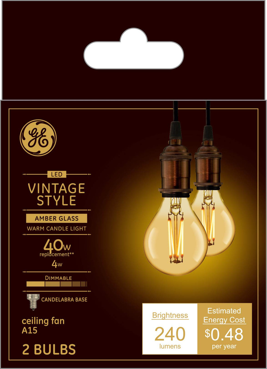 (2 bulbs) GE Lighting 42160 LED A15 Vintage Amber Glass, 4 watt, 240-Lumen, Dimmable LED Bulb with Candelabra Base, Warm Candle Light, ceiling fan perfect fit
