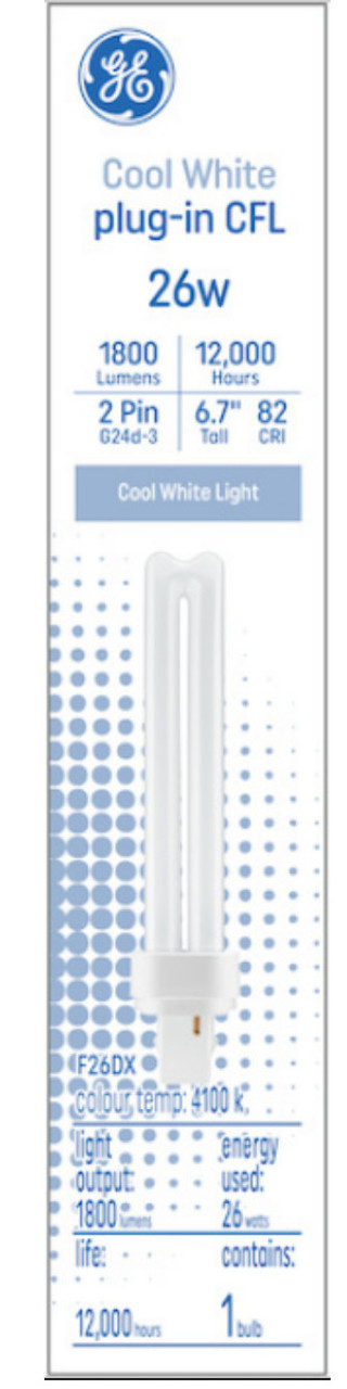 GE Bright Cool White 26 watt Plug-in CFL G24d-3 base, 6.7 inch, F26DX, 4100K Cool White Compact Fluorescent CFL Light Bulb