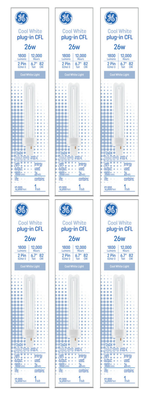 (6 bulbs) GE Bright Cool White 26 watt Plug-in CFL G24d-3 base, 6.7 inch, F26DX, 4100K Cool White Compact Fluorescent CFL Light Bulb