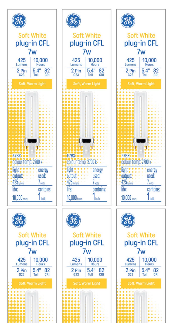 (case of 6) GE Soft White 7 watt Plug-in CFL G23 Base, 5.4-inch F7BX Light Bulb, 2700K Soft warm white, 425 lumen, plug-in biax compact fluorescent
