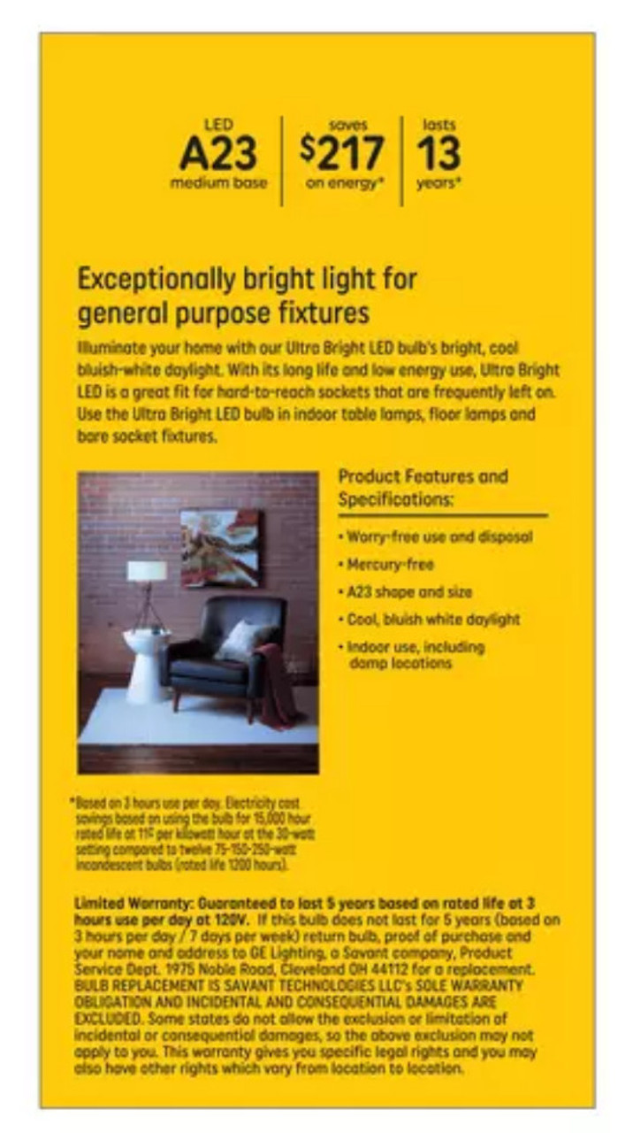 Plump GE ultra bright LED 3-way light bulb, 75/150/250 watt equivalent, Daylight, 1100/2310/3900 lumens, exceptionally bright LED A23, frost finish, ultrabright.  Note- Bulb is irregular, portly A23