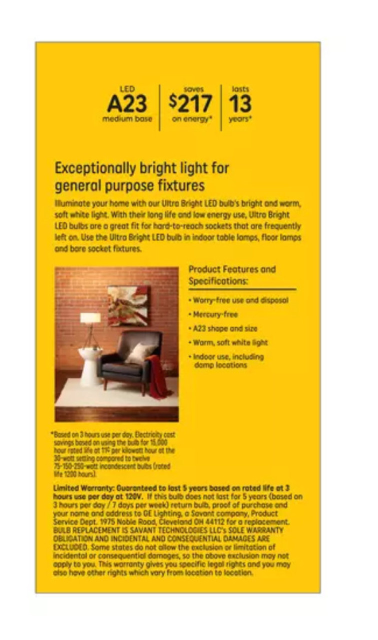 Plump GE ultra bright LED 3-way light bulb, 75/150/250 watt replacement, Soft White, 1100/2310/3900 lumens, exceptionally bright LED A23, frost finish, irregular size