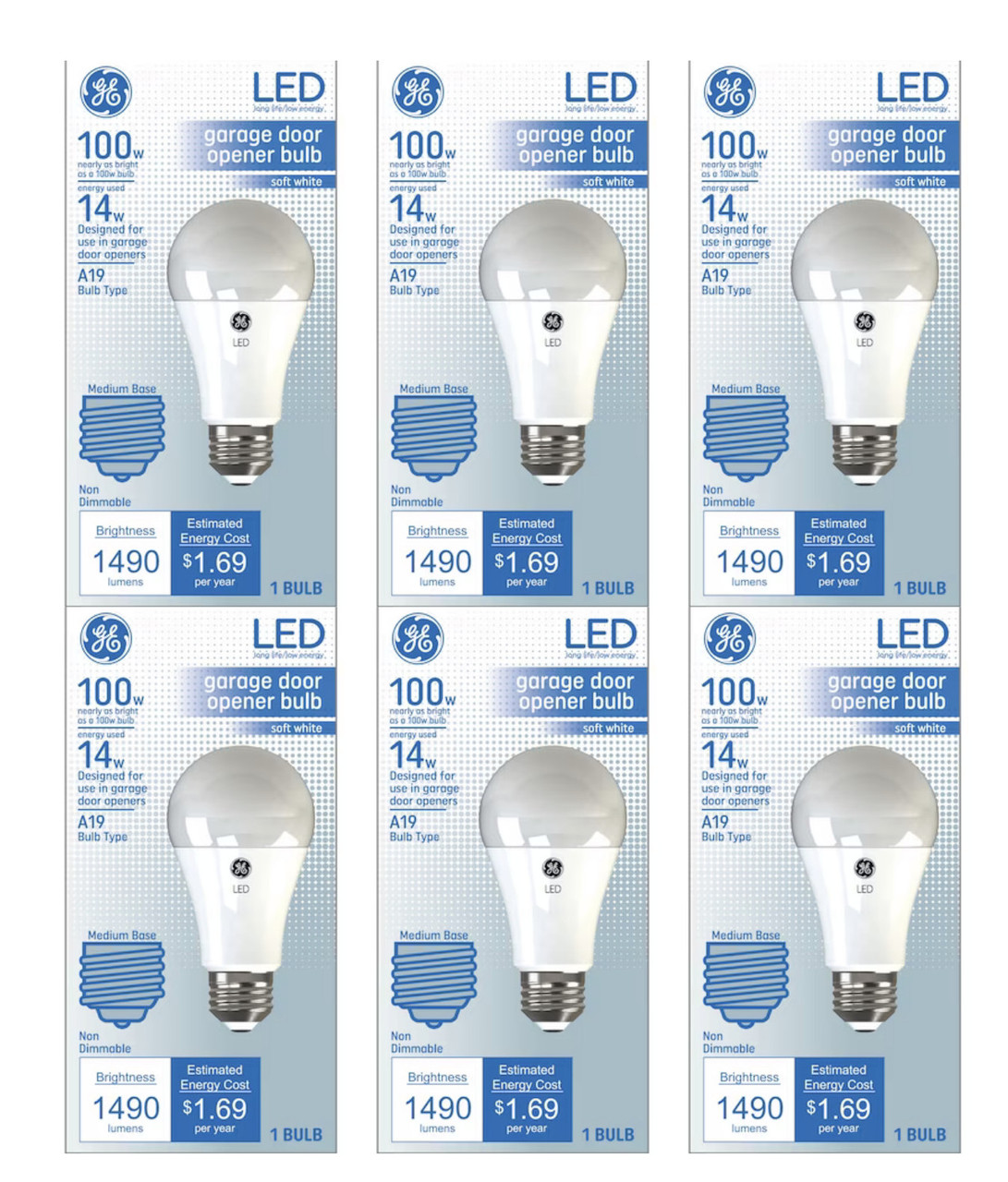 (case of 6) GE Lighting LED A19 Garage Door Opener Bulb, Frosted Soft White, 1490 Lumens, 14-Watts, rough service, heavy duty to withstand vibration and cooperate with garage door opener
