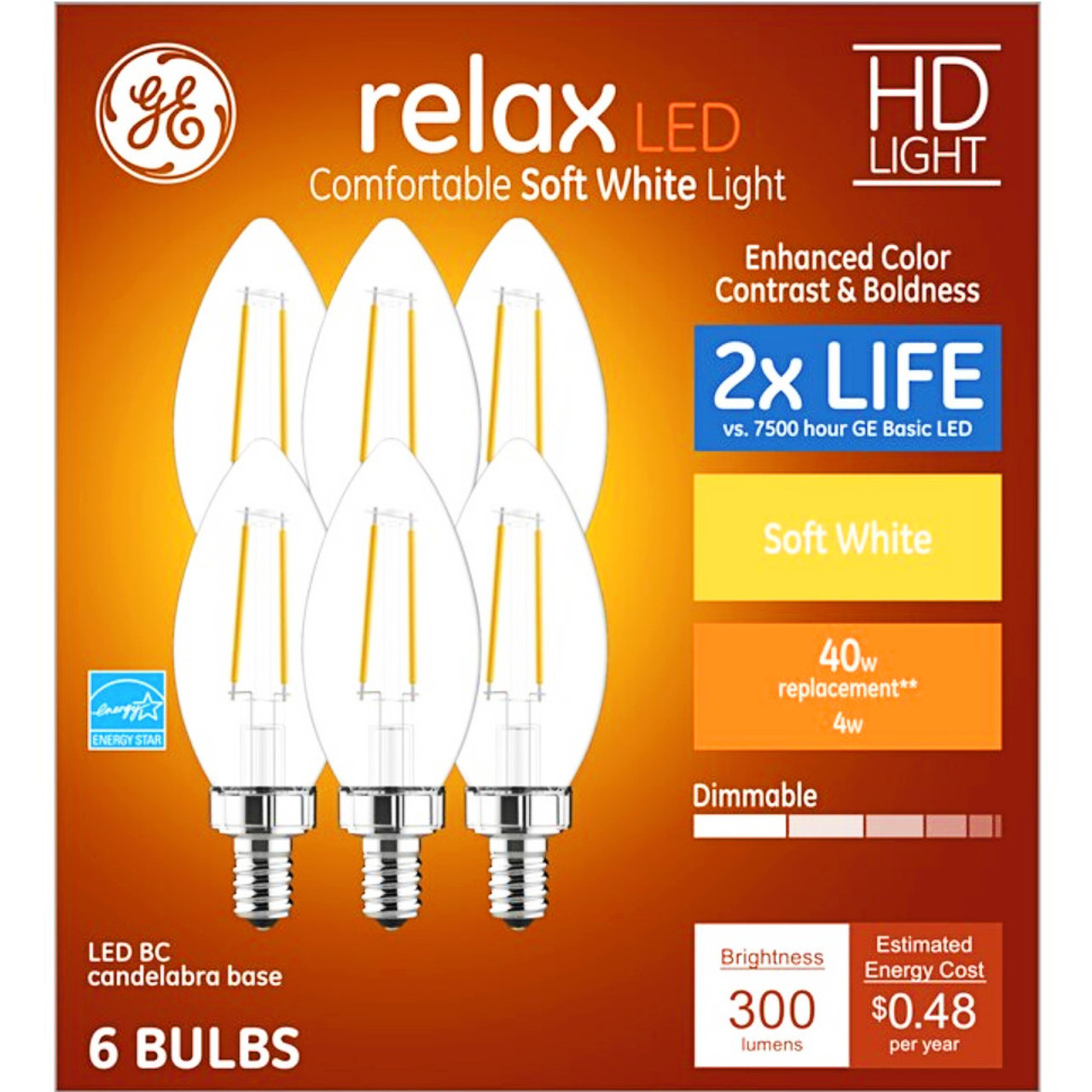 (6 bulbs) GE Relax LED B11 Chandelier Bulbs, 40 watt equivalent using only 4 watts, candelabra base, 300 lumens, Dimmable, soft white, decorative led light bulb