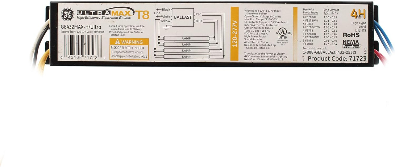 GE Lighting 71723 GE432MAX-H/ULTRA 120/277-Volt UltraMax Electronic Fluorescent T8 Multi-Volt Instant Start Ballast 4 F32T8 Lamps